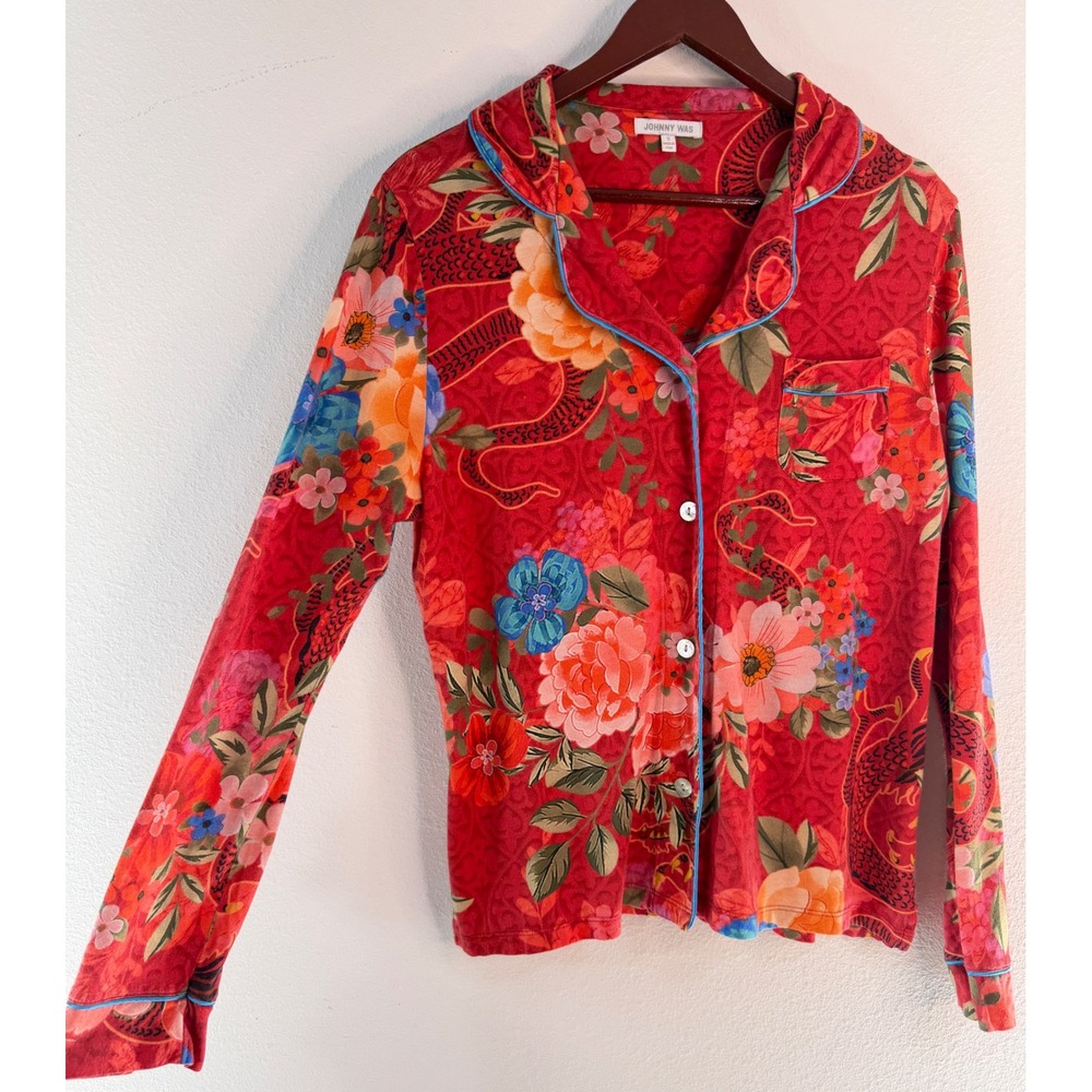 Johnny Was The Carly Pajama Top Dragon Floral Pima Cotton Red Sleepwear Lounge S - Picture 3 of 10